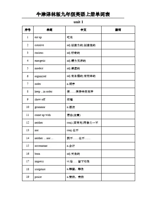 牛津译林版九年级英语上册单词表
