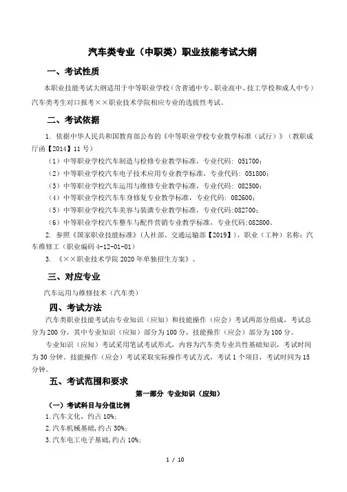 汽车类专业(中职类)职业技能考试大纲