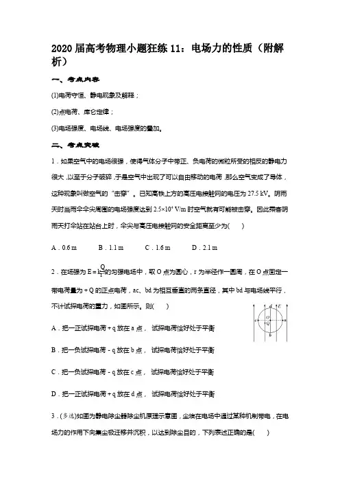2020届高考物理小题狂练11：电场力的性质(附解析)