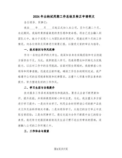 2024年出纳试用期工作总结及转正申请例文（5篇）