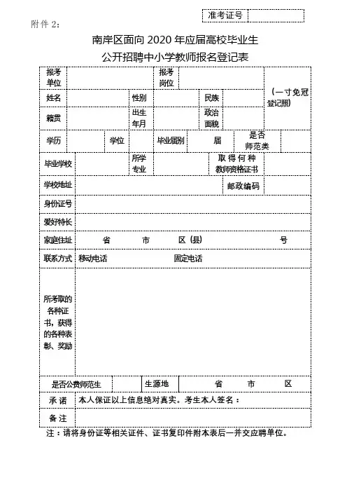 南岸区面向2020年应届高校毕业生公开招聘中小学教师报名登记表【模板】
