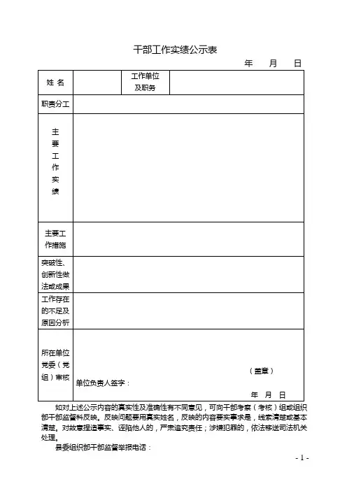 干部工作实绩公示表 (样表)