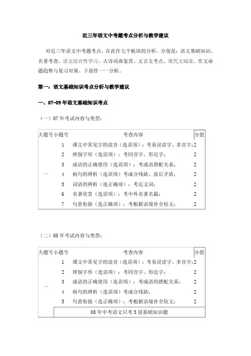 近三年语文中考题考点分析与教学建议