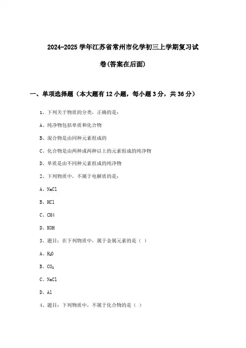 2024-2025学年江苏省常州市初三上学期化学试卷及解答参考