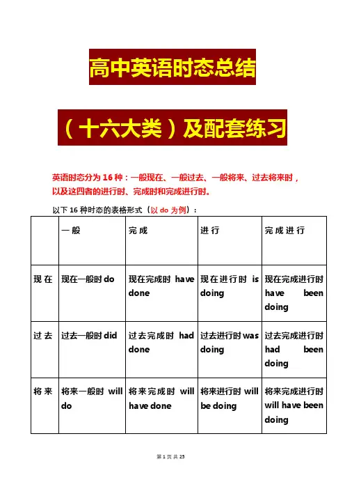 高中英语时态总结(十六大类)及其配套训练