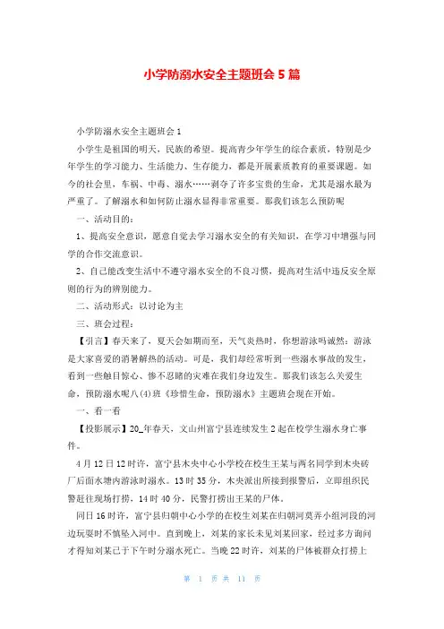 小学防溺水安全主题班会5篇