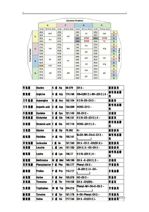 氨基酸密码子对照表