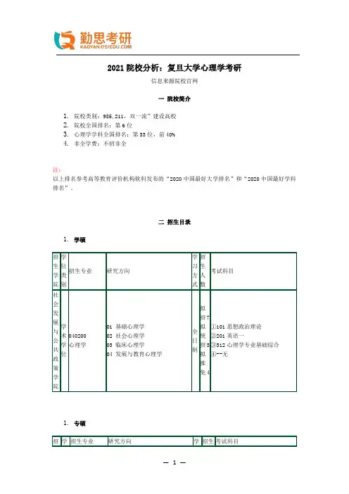 2021院校分析：复旦大学心理学考研