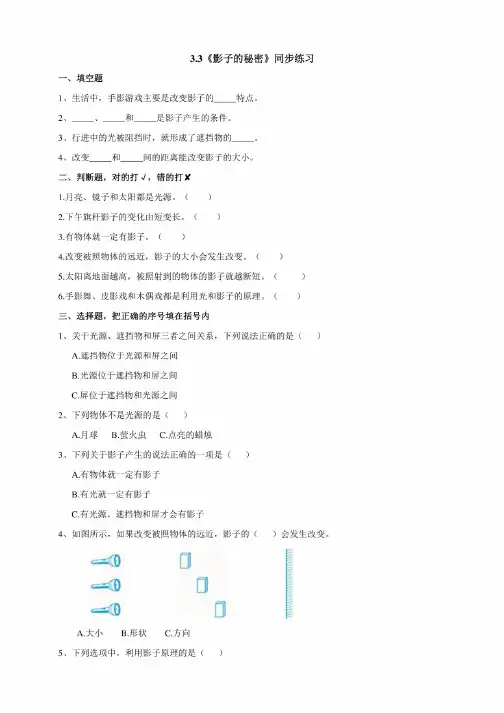（教科版）小学科学三年级下册3.3《影子的秘密》练习