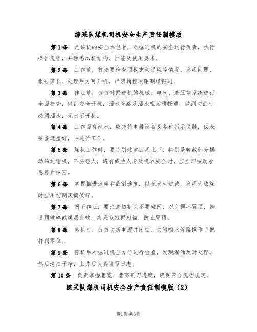 综采队煤机司机安全生产责任制模版(3篇)