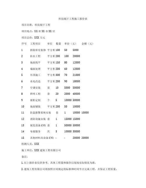 科技展厅工程施工报价表
