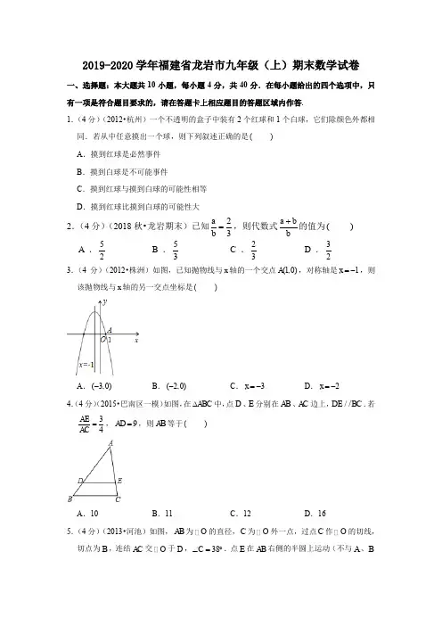 2019-2020学年福建省龙岩市九年级(上)期末数学试卷  解析版
