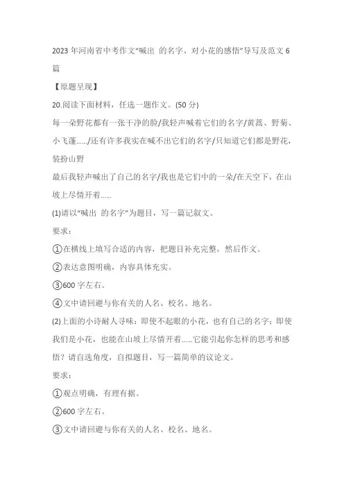 2023年河南省中考作文“喊出 的名字、对小花的感悟”导写及范文6篇