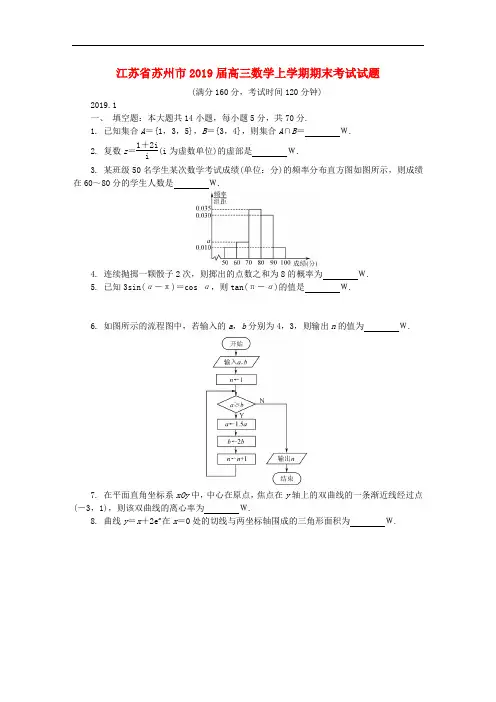 江苏省苏州市2019届高三数学上学期期末考试试题