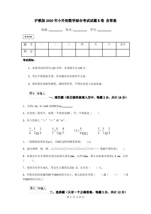 沪教版2020年小升初数学综合考试试题B卷 含答案