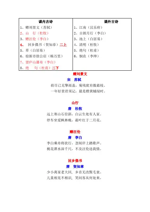 二年级古诗目录