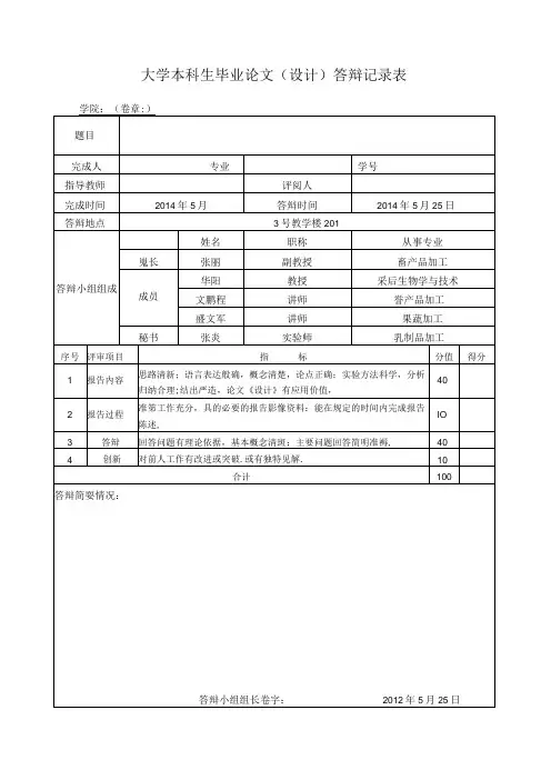 大学本科生毕业论文(设计)答辩记录表