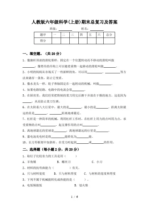 人教版六年级科学(上册)期末总复习及答案