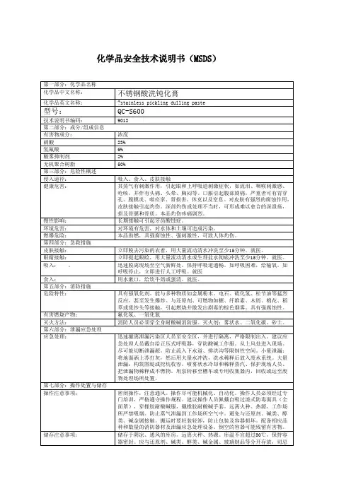 不锈钢酸洗钝化膏化学品安全技术说明书MSDS
