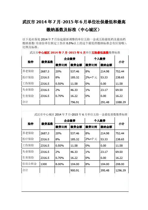 武汉市2014年7月-2015年6月单位社保缴纳基数及标准(最新)
