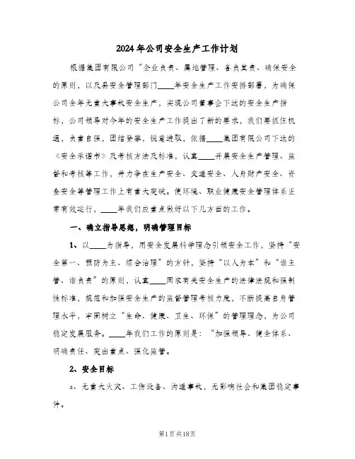 2024年公司安全生产工作计划（五篇）