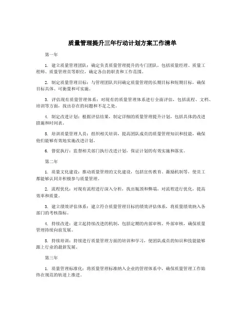 质量管理提升三年行动计划方案工作清单