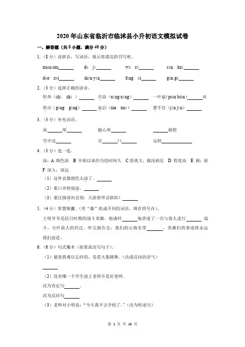 2020年山东省临沂市临沭县小升初语文模拟试卷及答案解析