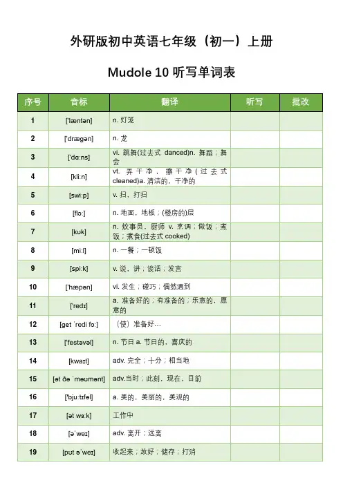 外研版初中英语七年级(初一)上册Mudole 10听写单词表