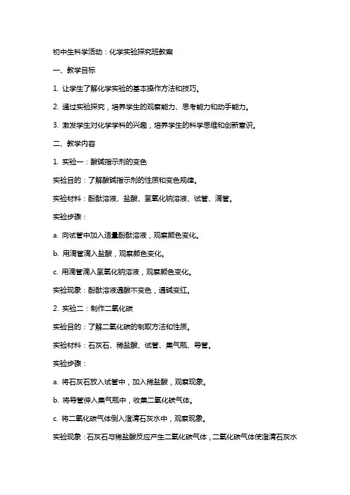 初中生科学活动：化学实验探究班教案