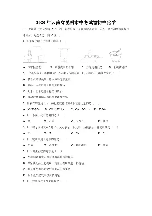 2020年云南省昆明市中考试卷初中化学