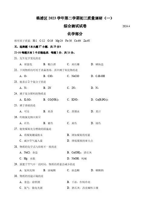 2024届上海杨浦区初三二模化学试题及答案