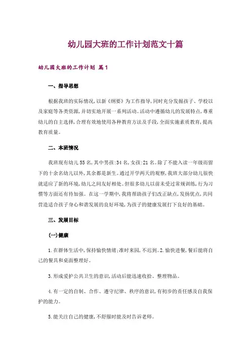 幼儿园大班的工作计划范文十篇