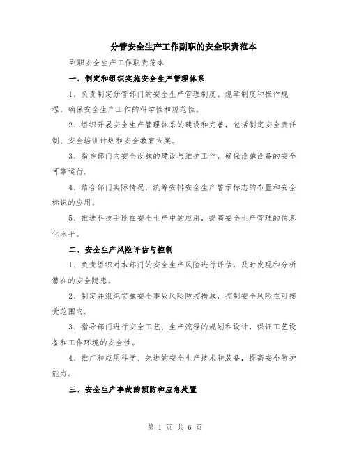 分管安全生产工作副职的安全职责范本（2篇）
