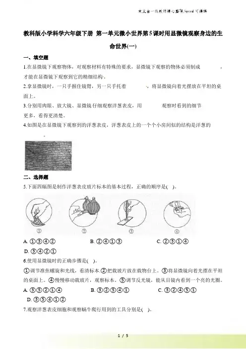 六年级下册科学一课一练第一单元微小世界第5课时用显微镜观察身边的生命世界∣教科版