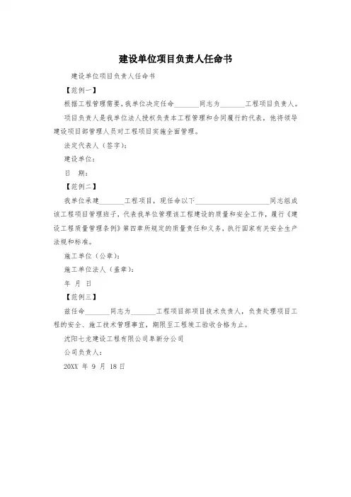建设单位项目负责人任命书