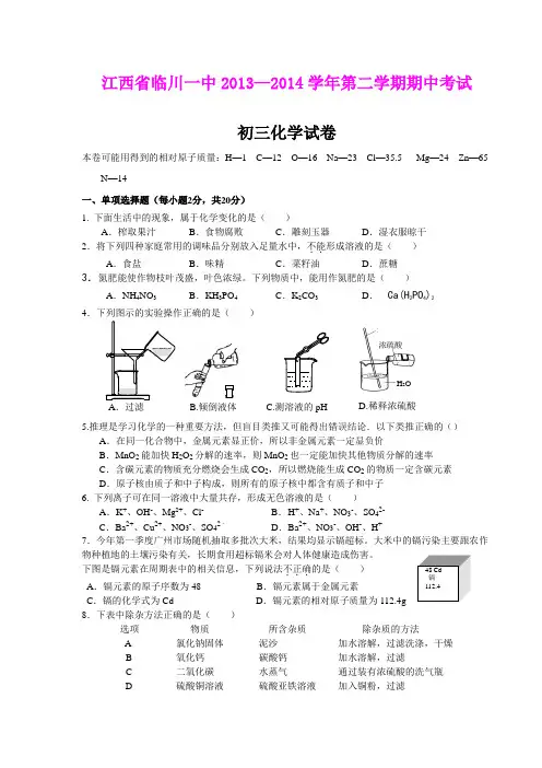 江西省临川一中2013—2014学年第二学期期中考试初三化学试卷(word版)