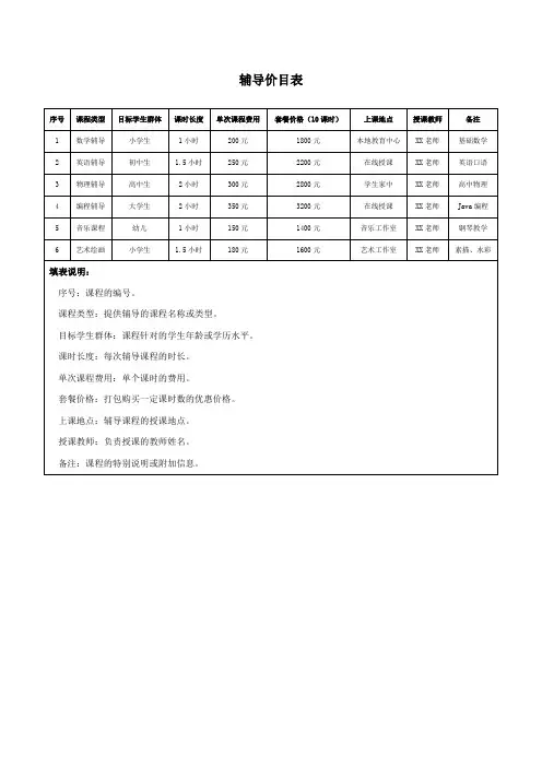 辅导价目表