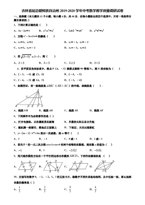 吉林省延边朝鲜族自治州2019-2020学年中考数学教学质量调研试卷含解析