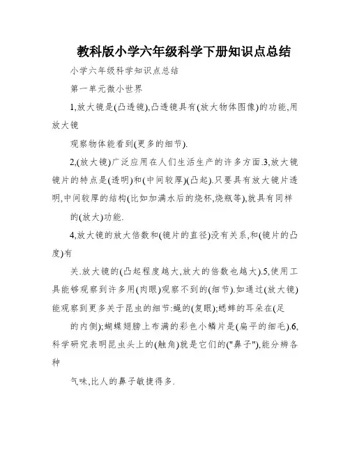 教科版小学六年级科学下册知识点总结