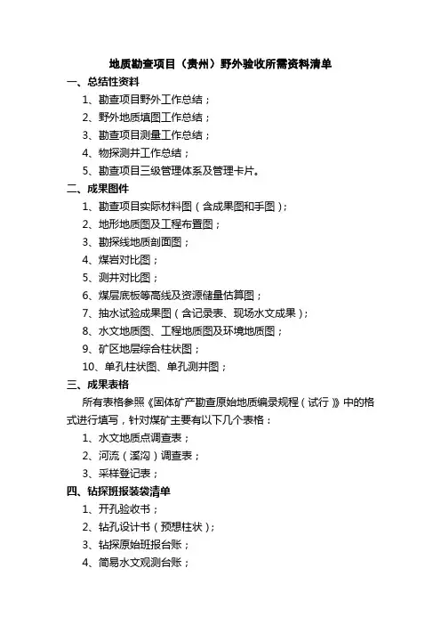 地质勘查项目(贵州)野外验收所需资料清单
