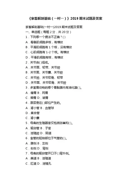 《家畜解剖基础（一村一）》2019期末试题及答案