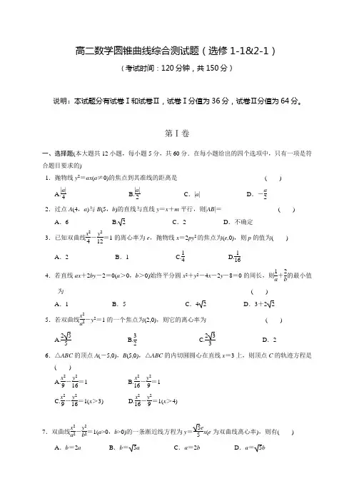 高二数学圆锥曲线综合测试题(选修1-1&2-1)含答案!