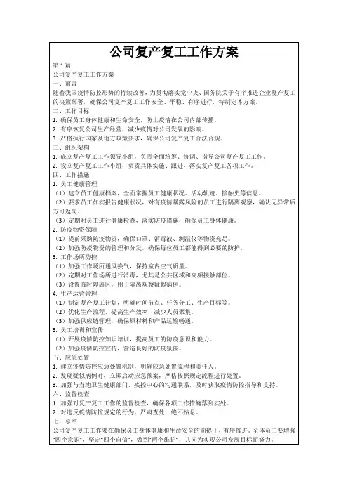 公司复产复工工作方案