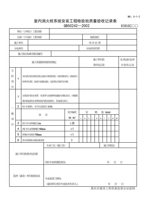 室内消火栓系统安装工程检验批质量验收记录表