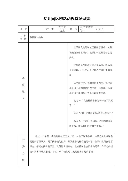 幼儿园区域活动观察记录表