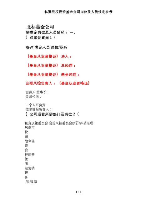 私募股权投资基金公司岗位及人员设定参考