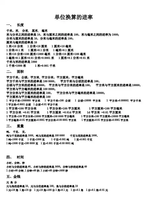 小学数学单位换算进率表