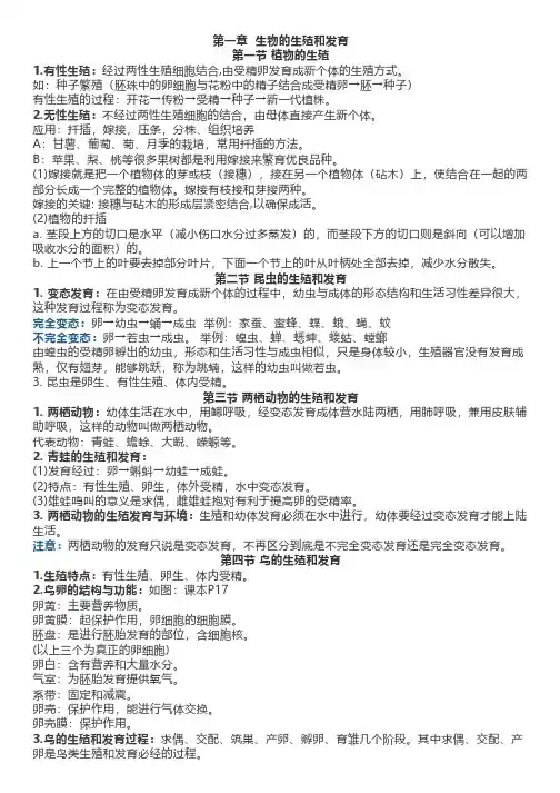 人教版生物八年级下册第一章《生物的生殖和发育》知识点