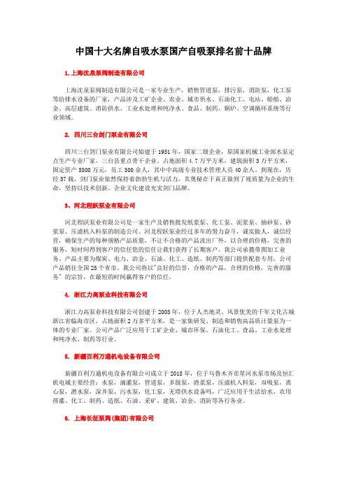 中国十大名牌自吸水泵国产自吸泵排名前十品牌