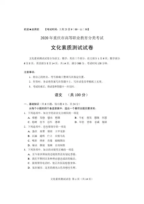 2020 年重庆市高等职业教育分类考试文化素质测试试卷(含答案)
